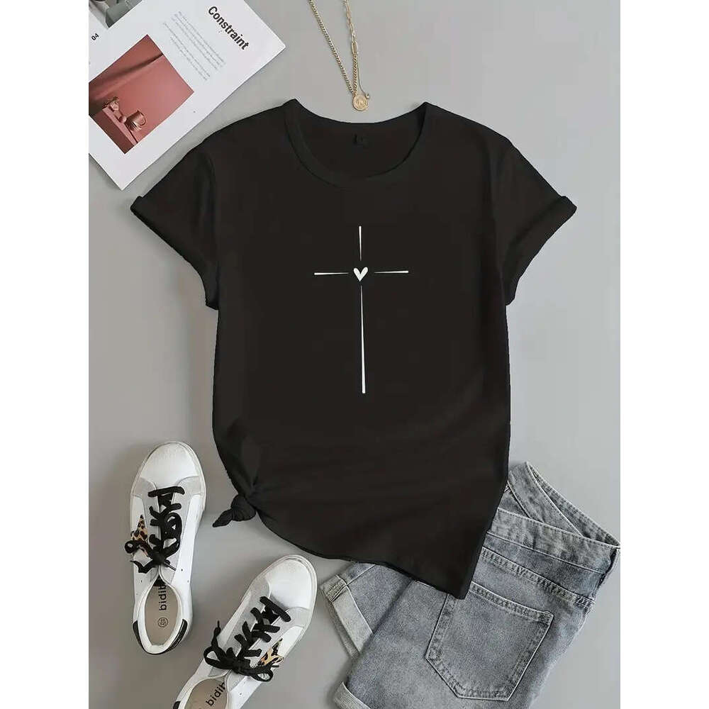 Graphic Cross Print Crew Neck T-shirt, Casual Short Sleeve T-shirt For Spring & Summer, Women's Clothing