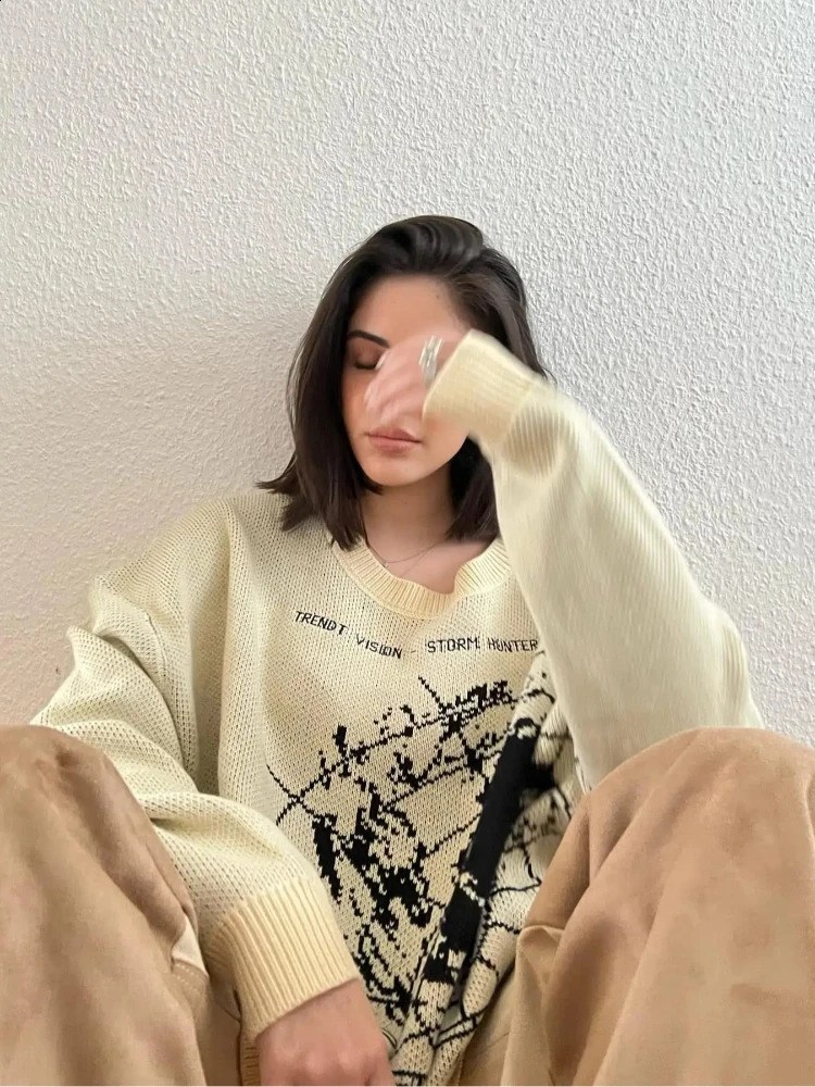 Aesthetics Retro trend Knitted Sweater Gothic Pullover Harajuku Cotton Sweater Mens Womens Warm Loose Knitwear streetwear y2k 240821