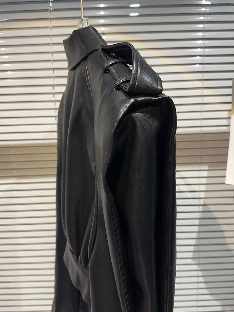 DEAT Streetwear Pocket PU Leather Black Coat For Women Long Sleeve Single Breasted Lapel Jacket Autumn Female 11XX5280 240820