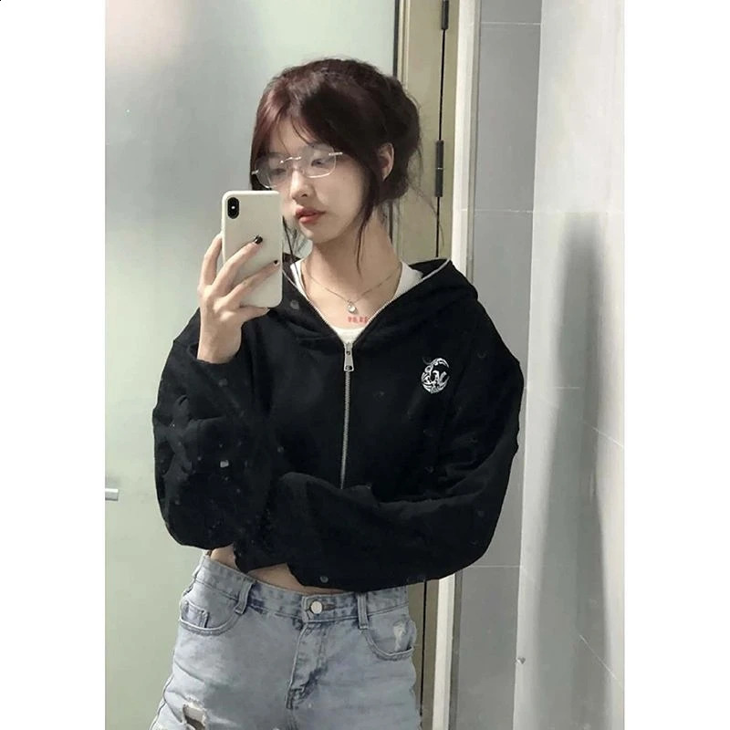 Zipup Hooded Coats Black High Waist Sudadera Short Sweatshirt Y2k Crop Tops Casual Women Zipper American Vintage Streetwear 240821