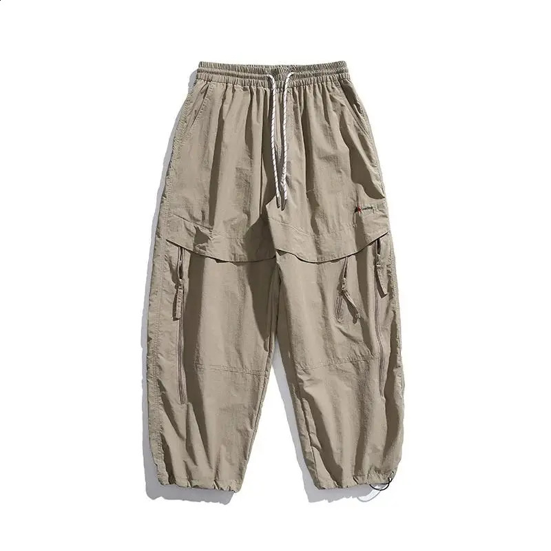 Retro British Spring and Autumn Mens Solid Color Zipper Pocket Elastic High Waist Casual Loose Cargo Sports Pants 240821