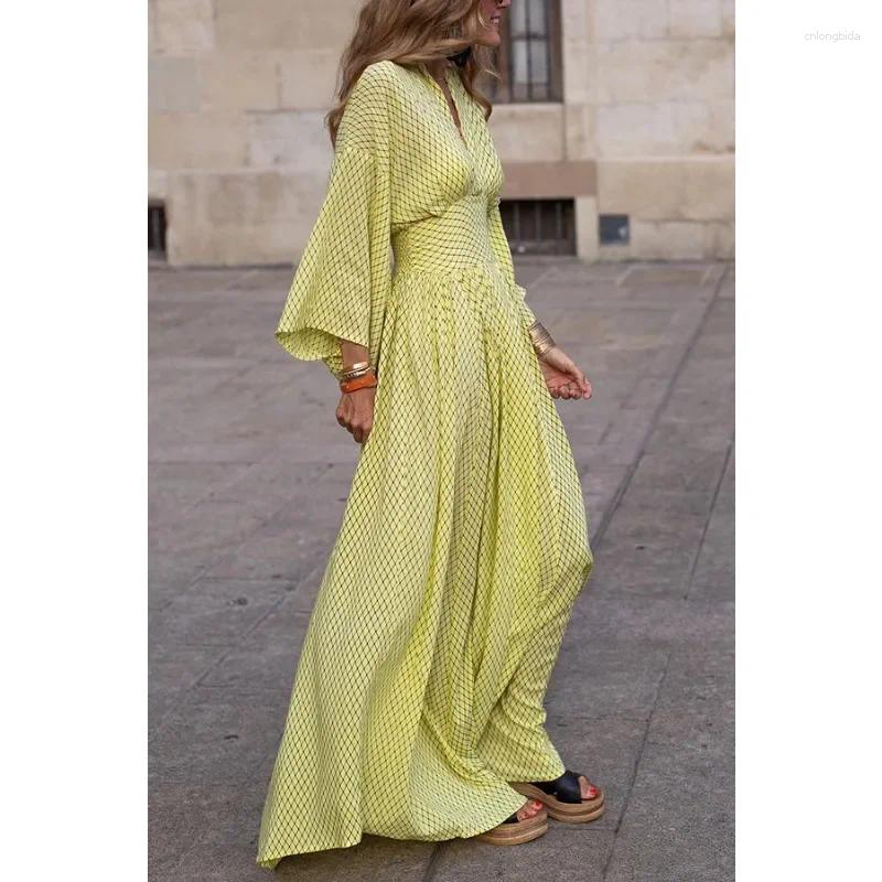 Casual Dresses Autumn Winter Long Sleeve V Neck High Waist Print Bohemian Or Length Maxi Dress, Elegant Women Corset Party Dress B1