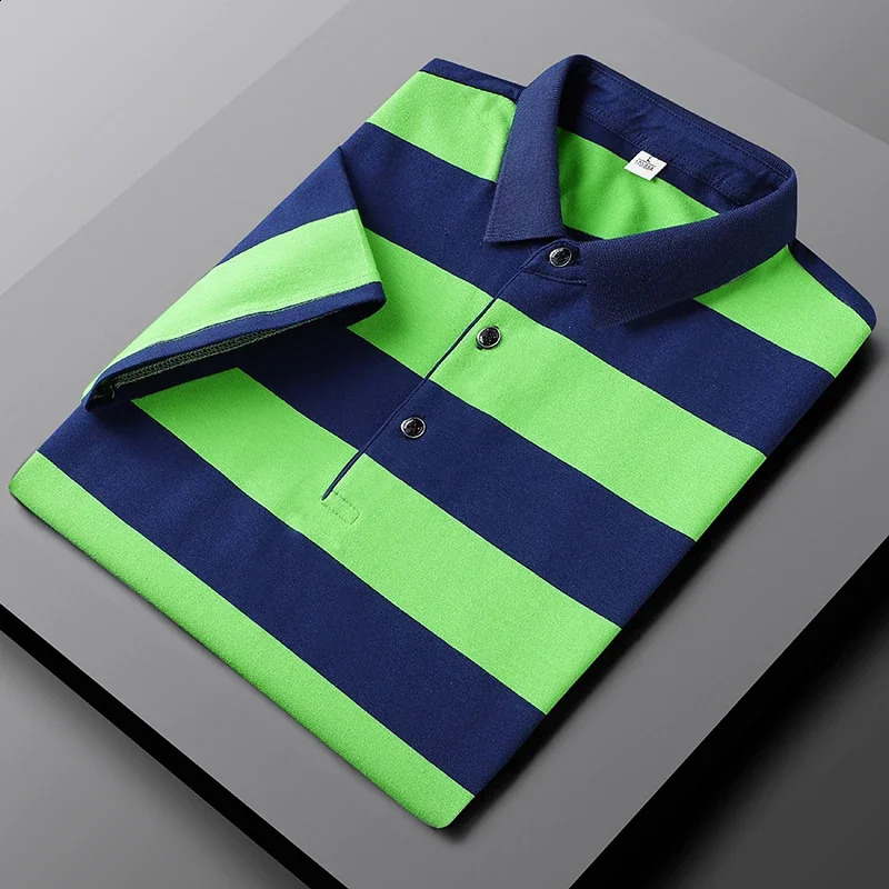 2024 Summer Style Mens Fashion Casual Work Slim Fit Cotton Polo Shirt Mens Thin Casual Striped Polo Shirt Short Large Size 240821