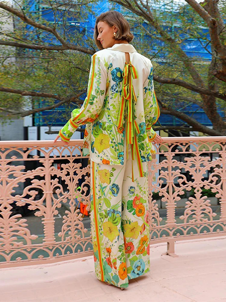 Print Wide Leg Pants Suits Women Vintage Long Puff Sleeve Lapel Shirt Elastic Waist Autumn Casual Streetwear Lady Two Piece Sets 240820