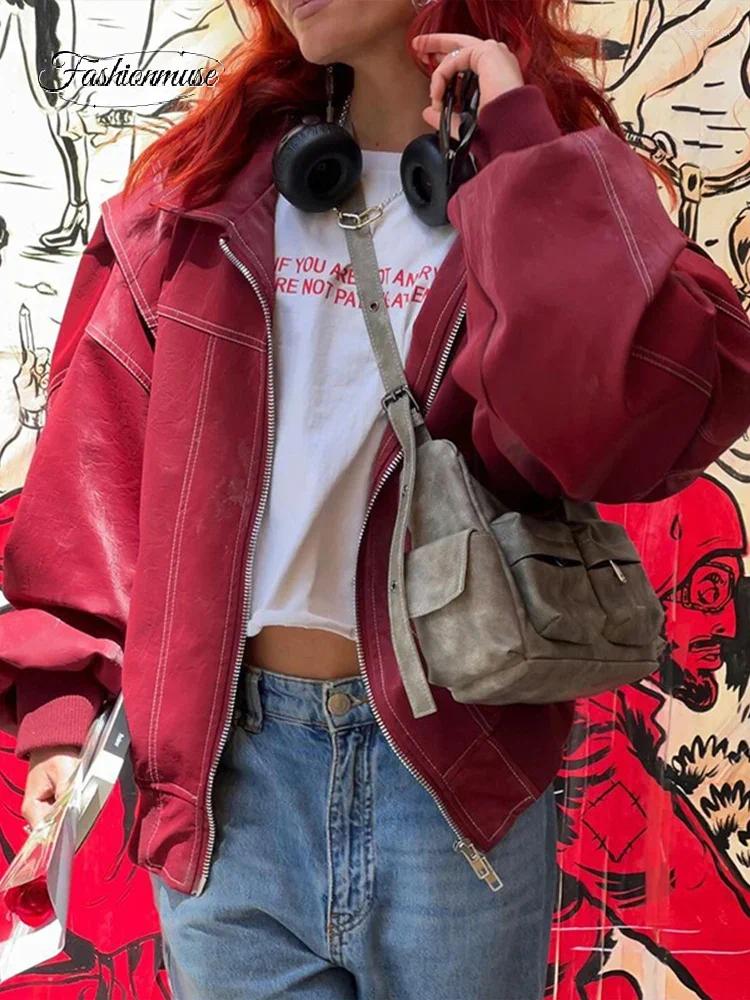 Women's Jackets Vintage Zipper Contrast Stitch Jacket For Women Fashion Lapel Long Sleeve Coats 2024 Autumn Retro Lady High Street Outerwear