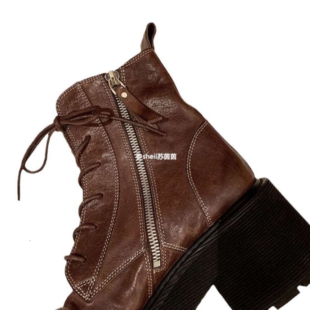 Ddmysports Su Yinyin S Same Style Leg Hot Girl Washed Cowhide Lace Up Thick Heel Motorcycle Outdoor Short For Women Autumn And Winter Martin Boots OUT