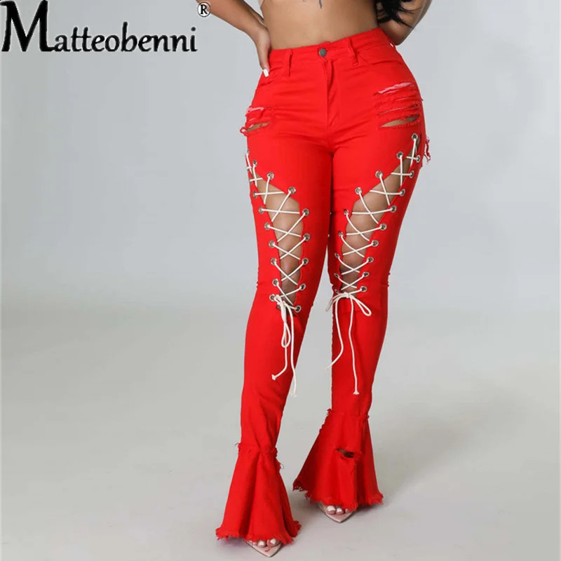 Sexy Slim High Waist Jeans Women Vintage Ripped Stretch Eyelet Bandage Mopping Denim Flared Pants Ladies Casual Street Trousers 240821