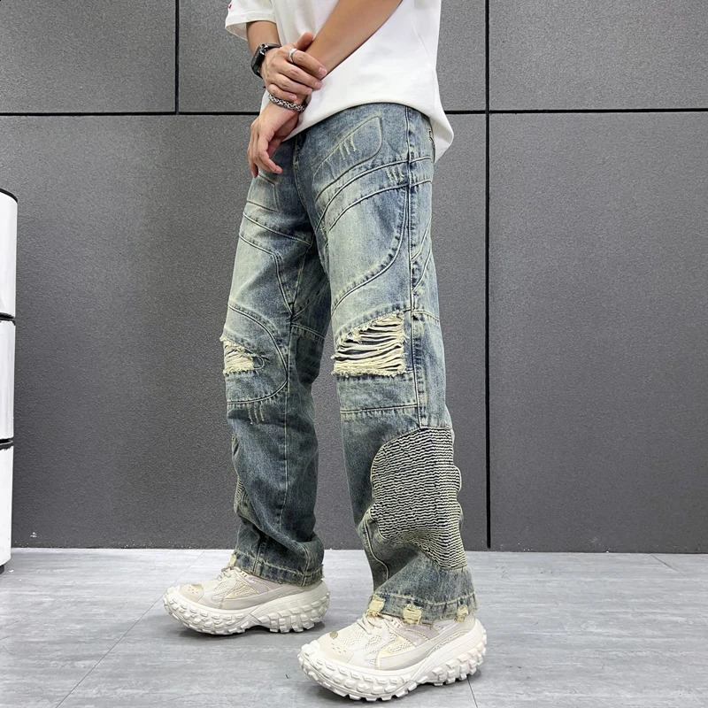 Personalized fashion 3D printing pattern Street beat high-end retro hole mens jeans openwork zipper casual pants wide-legged 240821