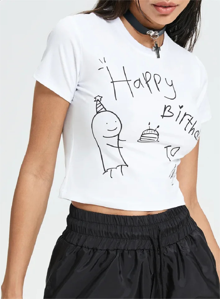 Y2K Womens Top T-shirt Letter ing Me Happy Birthday Letter Printed Pattern Top Sexy High Street Personality 240820