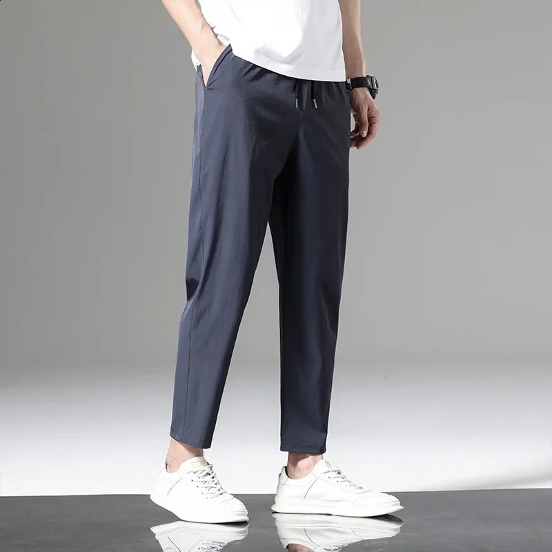 Mens Summer Silk Casual Pants Thin Sports Tights Straight Leg Nine Point 240821