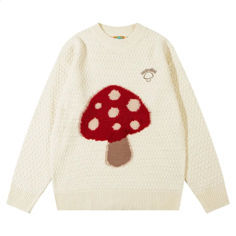 Loose knit sweater mens hiphop retro cartoon mushroom oversized zipper black Harajuku casual jumper unisex autumn 240821