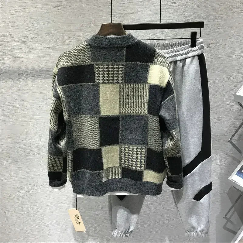 Knitted Sweaters for Men Collared Plaid Black Man Clothes Cardigan Large Big Size Heated Japanese Harajuku Fashion Overfit Baggy 240821