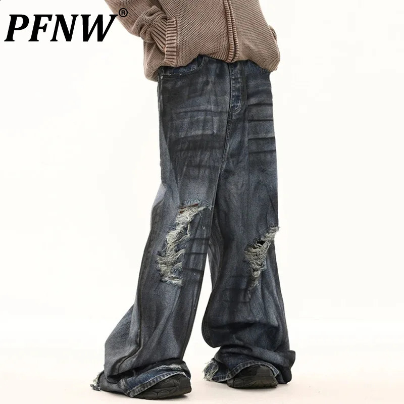 PFNW American Chic Niche n Street Jeans Men Vintage Dirty Dye Spray Painted Ripped Hole Loose Wide Leg Pants Autumn 28W4396 240821