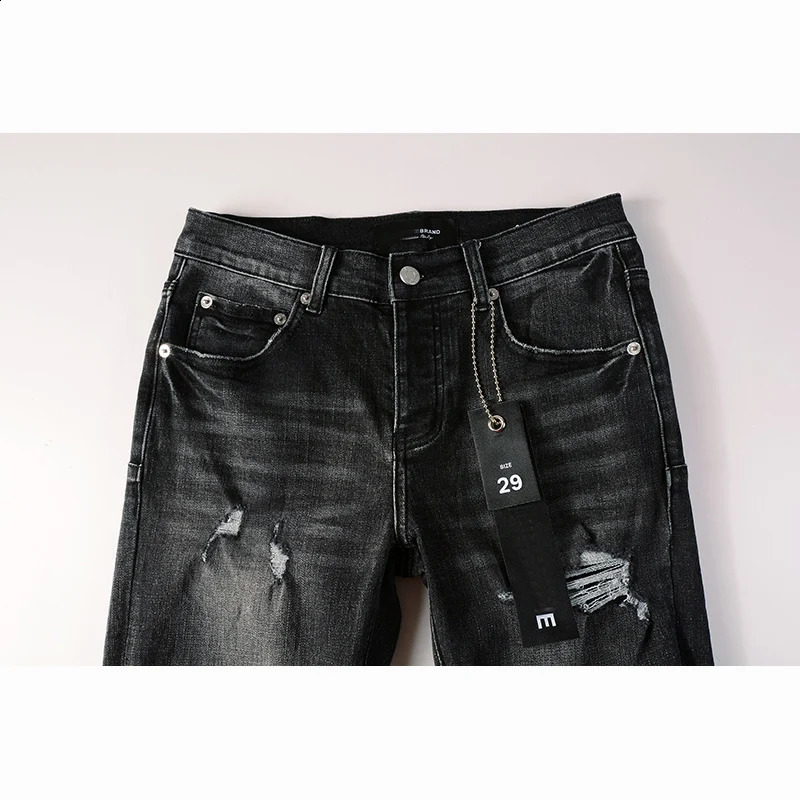 Stretch Skinny Summers Streetwear Button Fly Black Gray Destroyed Holes Ripped Jeans Pants 240821
