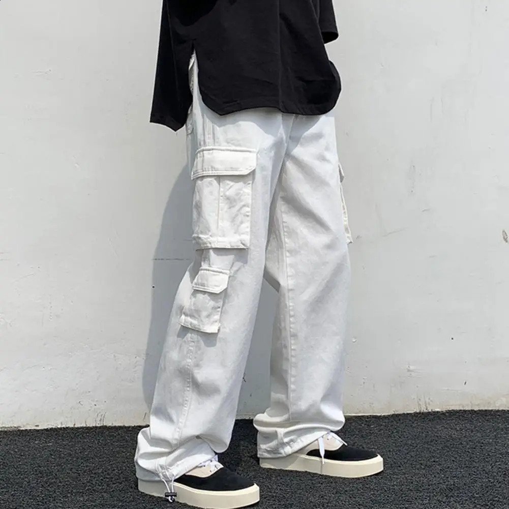 Mens cargo pants straight with multiple pockets solid color brushed elastic waist work and leisure 240821