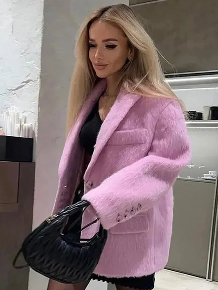Lapel Mohair Woolen Plush Women Suit Coats Casual Loose Long Sleeve Button Office Blazer Female Winter Elegant Pocket Coats 240820