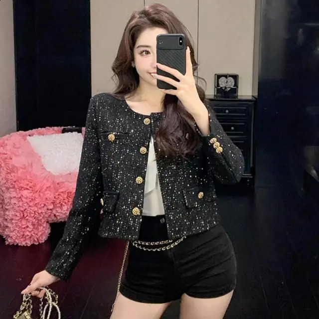 Short Jackets for Women Small Fragrance Spring Autumn Vintage Fashion Tweed Jacket O Neck Sequin Button Up Coats C31 240821