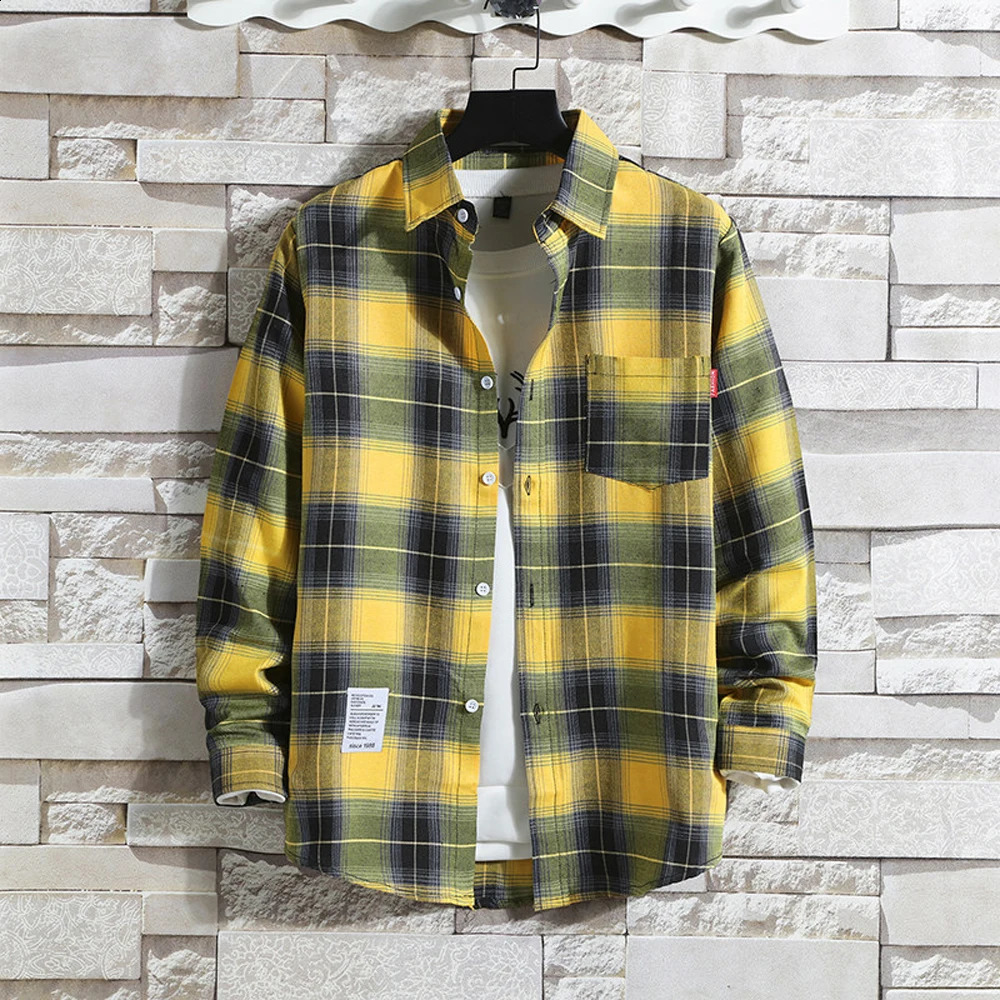 Mens Casual Plaid Shirt Polyester Long Sleeve Lapel Loose Top Coat Street Retro Korean Fashion L5xl 24