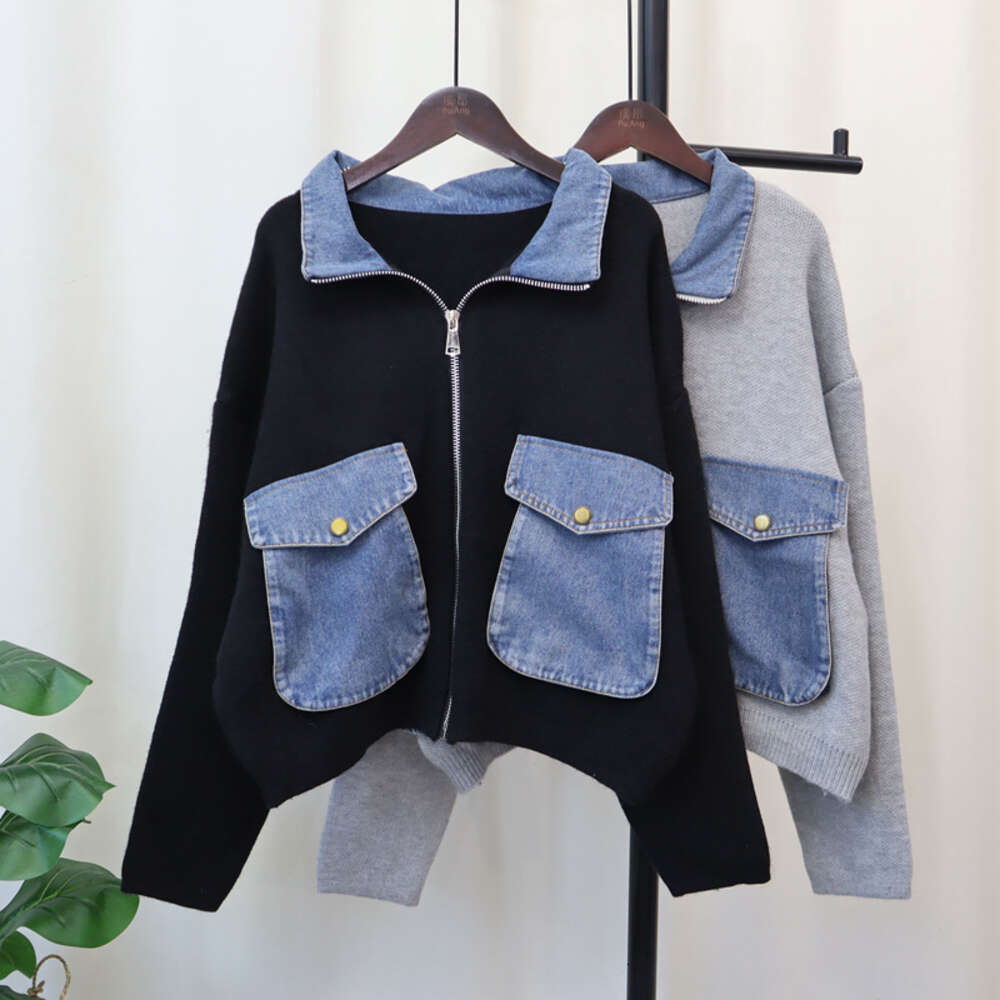 Cowboy patchwork knitted cardigan 2024 autumn winter new item, with collar design and a zipper sweater jacket for women's fashion