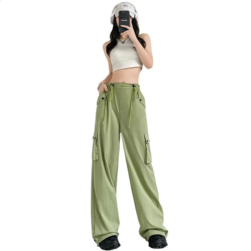 Retro high waisted straight leg womens casual sports pants pink cargo fashionable multi pocket 240821