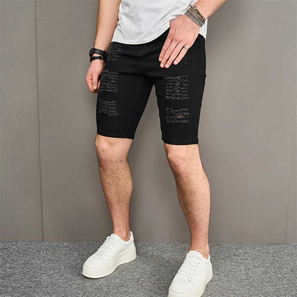 Street mens hole Distressed ultra-thin beach denim shorts summer fashion solid mens casual jeans five point pants W241226
