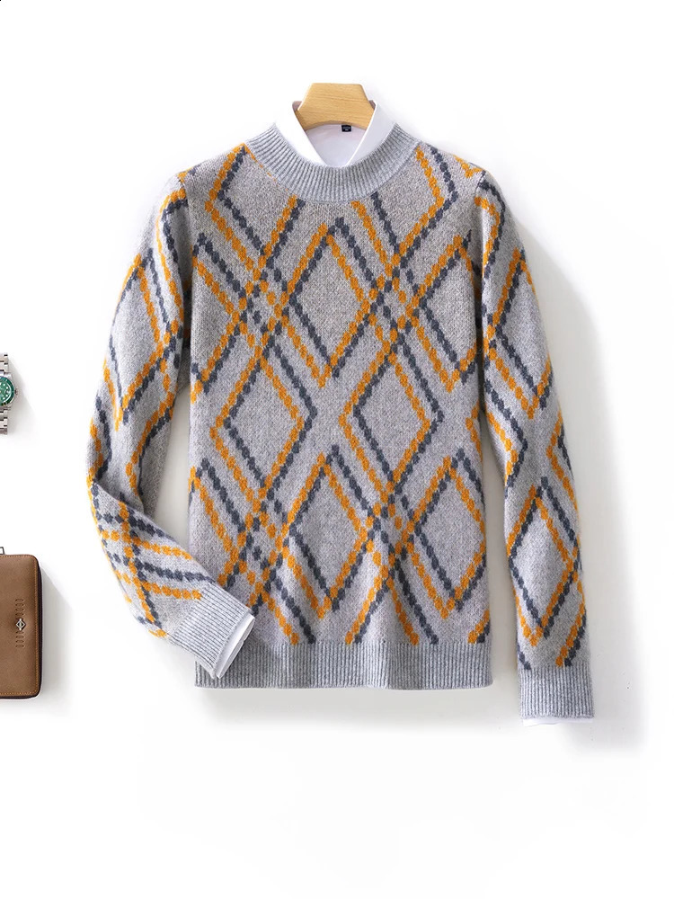 Spring Autumn and Winter Mens Half-High Collar Sweater 100%Wool Irregular Rhombus Pullover Fashion Casual Cashmere Sweater 240821