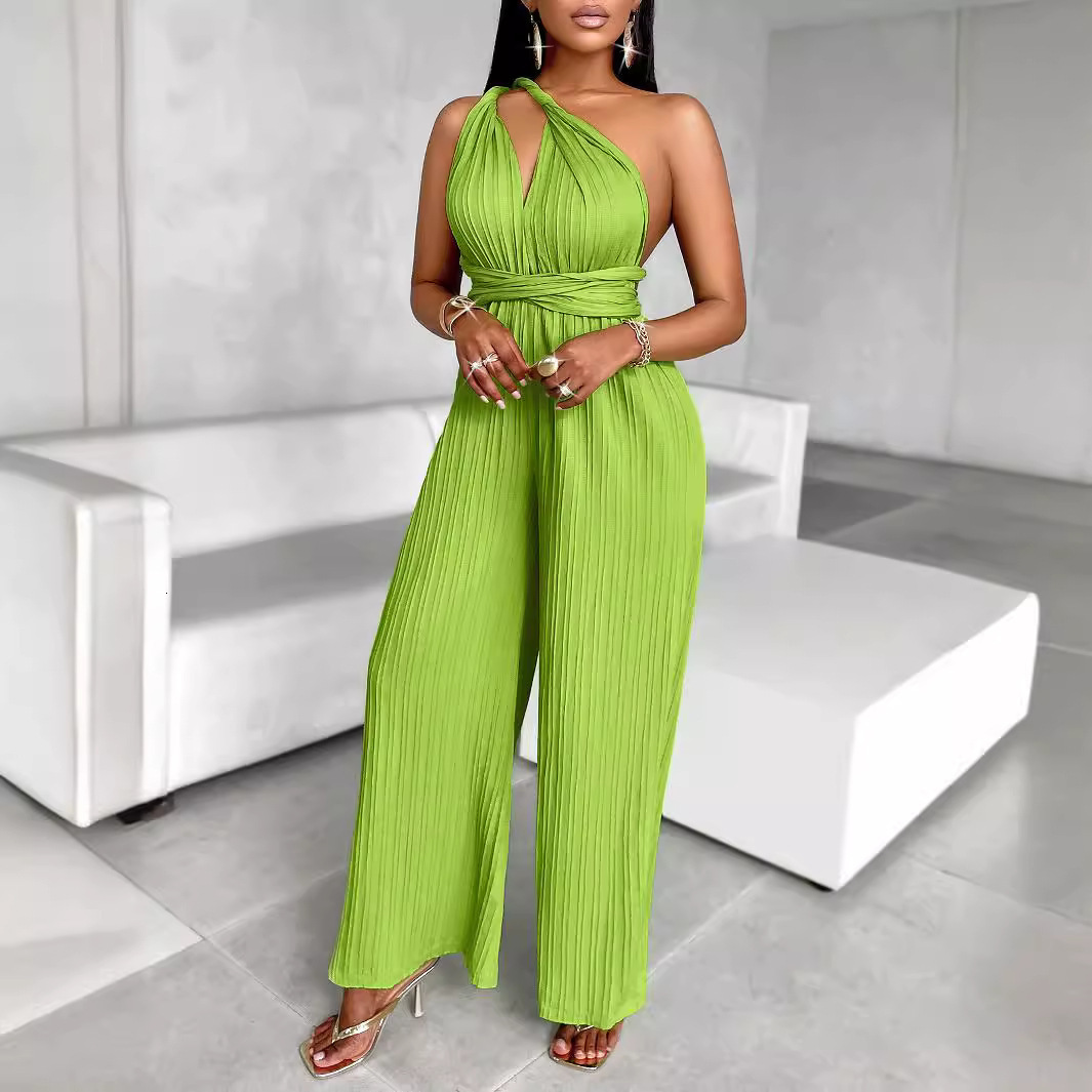 Summer Style Solid Color Slant Collar Waist Jumpsuit Casual New Product