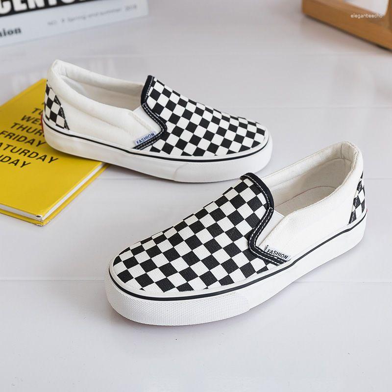 Casual Shoes Black And White Chessboard Plaid Canvas Summer Slip-on Lazy For Women Couple All-match Korean Style Student Single-layer