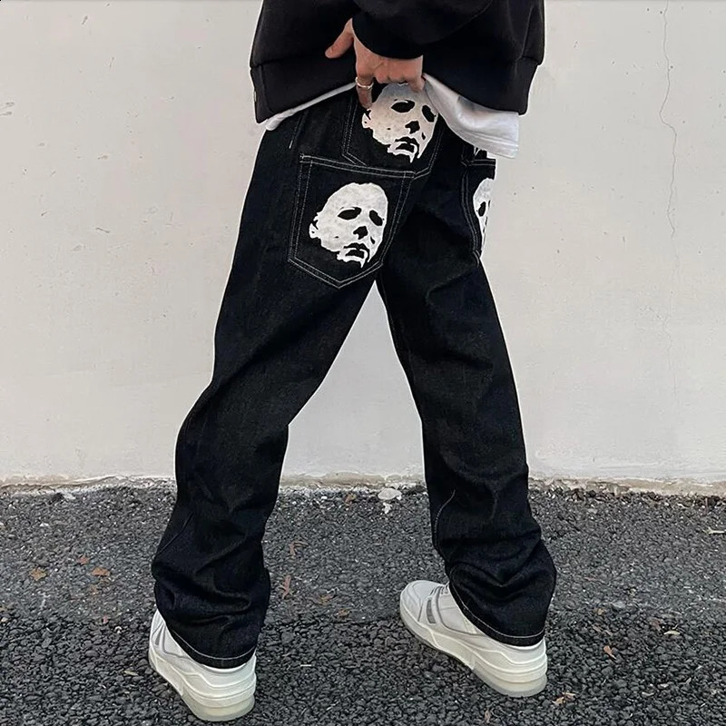 Print Spoof Mens Jeans Portrait High Street Low Waist Jeans Funny Unisex Man Pants Loose Trousers Hip Hop Korean Streetwear 240821