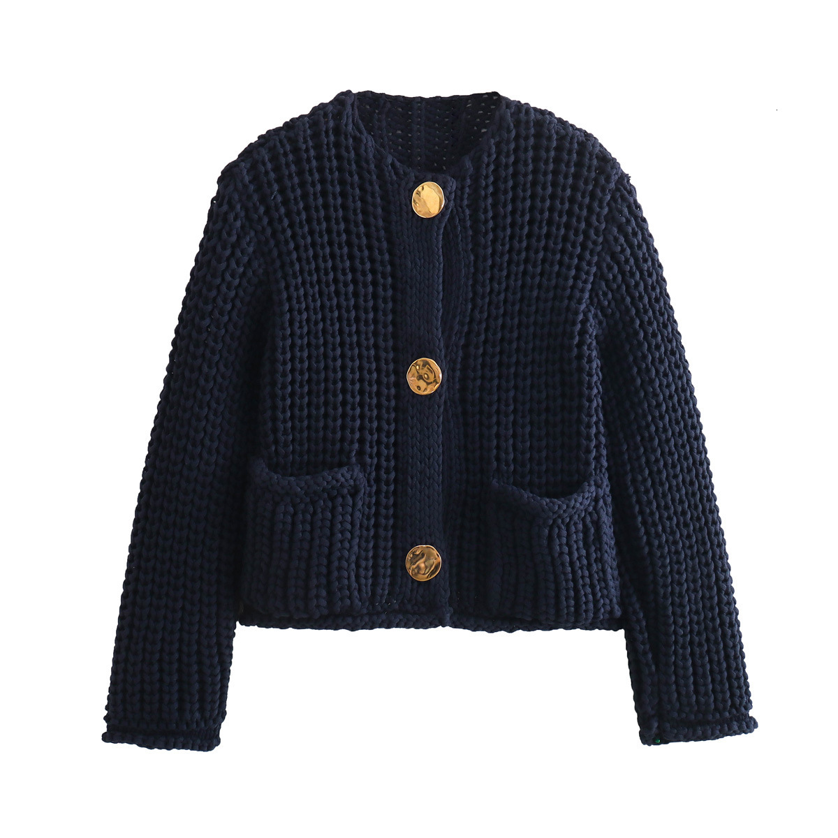 2024 women's solid color single breasted double pocket short coarse knitted sweater jacket B66004