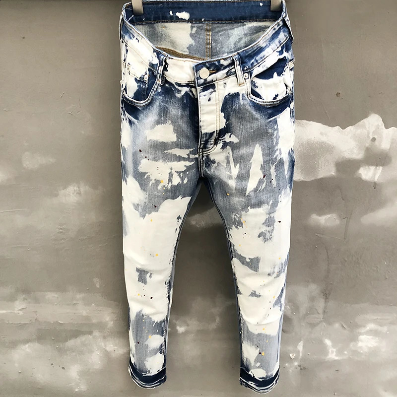 Street Retro Skinny Jeans Men Paint Inkjet White Jean Blue Motorcycle Pants Streetwear Trousers Stretch Pantalon Vaqueros Hombre 240821