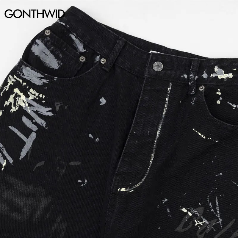 Hip Hop Black Jeans Y2K Men Graffiti Print Straight Wide Baggy Loose Denim Pants Streetwear Harajuku Fashion Punk Trousers 240821