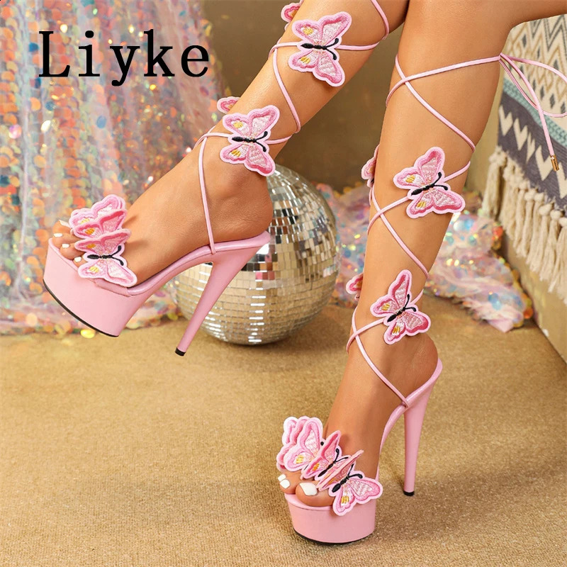 Liyke 2024 Pink Yellow Cross Strap Platform Sandals Women Handmade Embroidery Butterfly Open Toe Elegant High Heels Shoes 240819