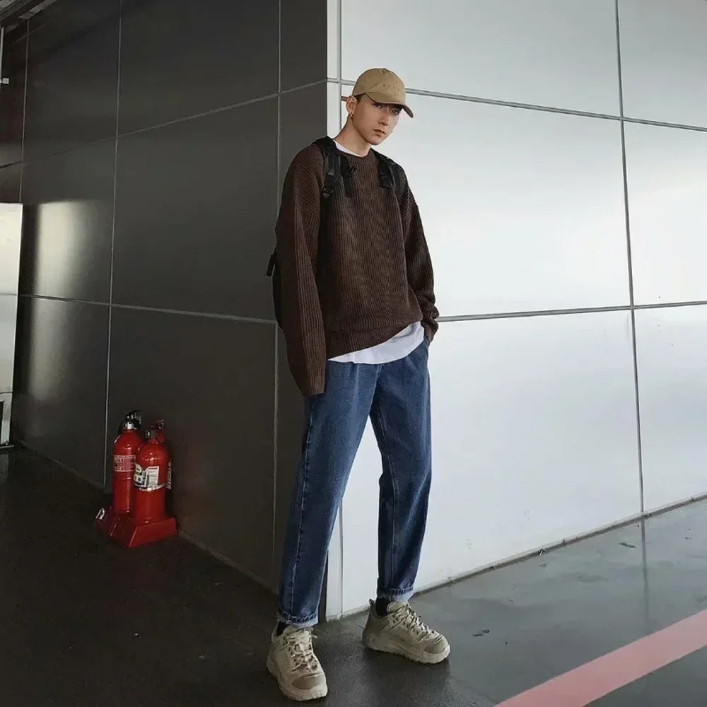 Korean Fashion Sweaters Men Autumn Solid Color Wool Sweaters Slim Fit Men Street Wear Mens Clothes Knitted Sweater Men Pullovers 240821