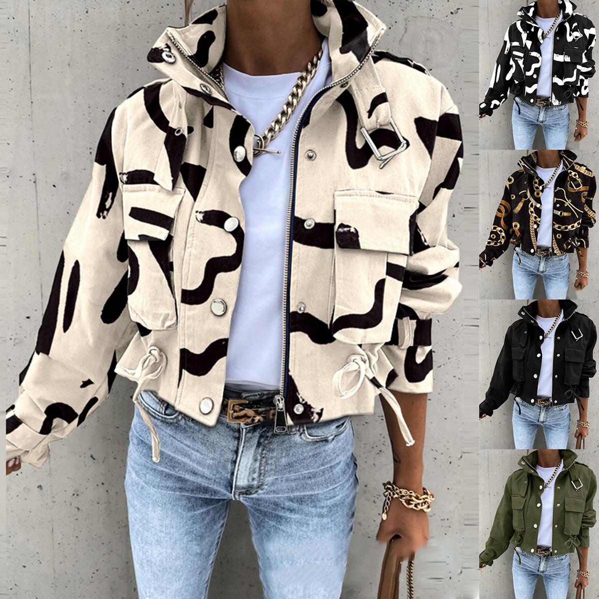 Women's clothing 2024 autumn fashion printed zipper short casual jacket