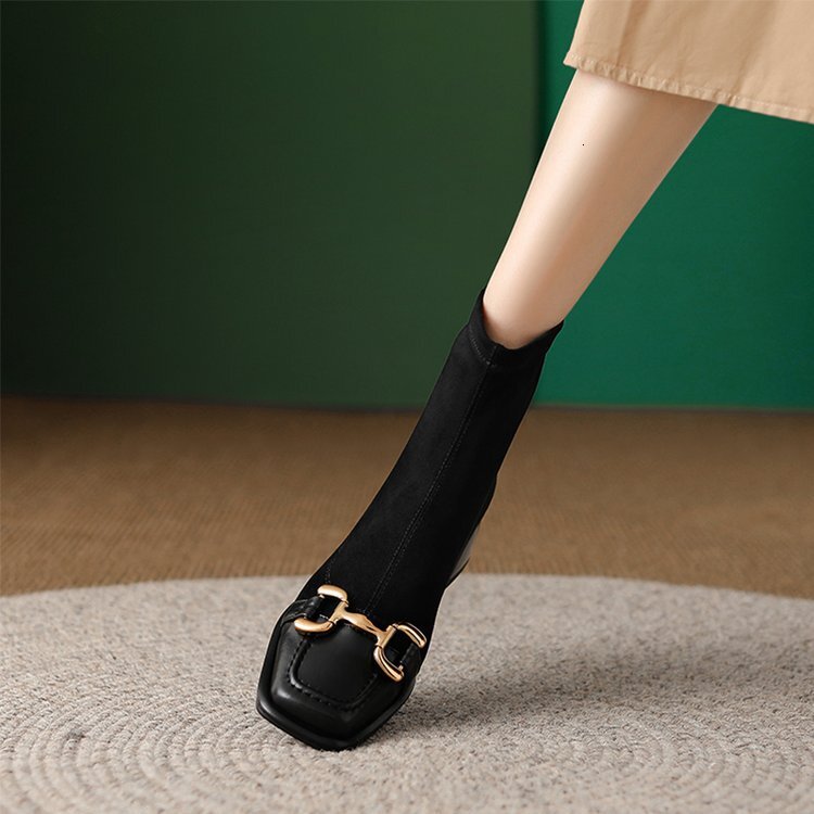 Ddmysports Fengma Style Buckle Square Toe Low Heel Slim Boots Autumn New Elastic Suede Zipper Short OUTDOOR