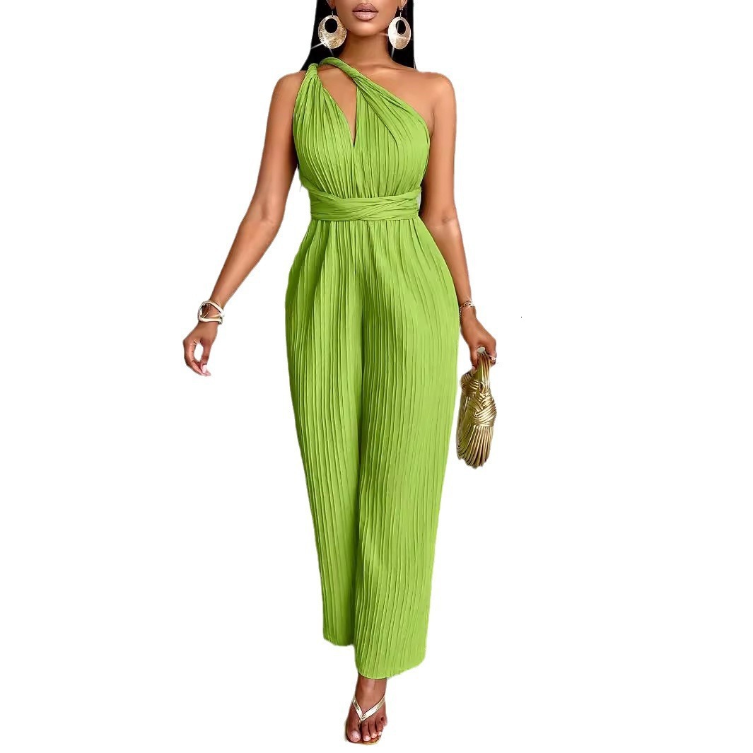 Summer Style Solid Color Slant Collar Waist Jumpsuit Casual New Product