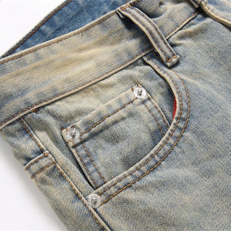 Spring Ripped Patch Jeans Retro Blue Slim Mid-Waist Elastic Mens Cuffed Printed Hip Hop Casual Pants 240821