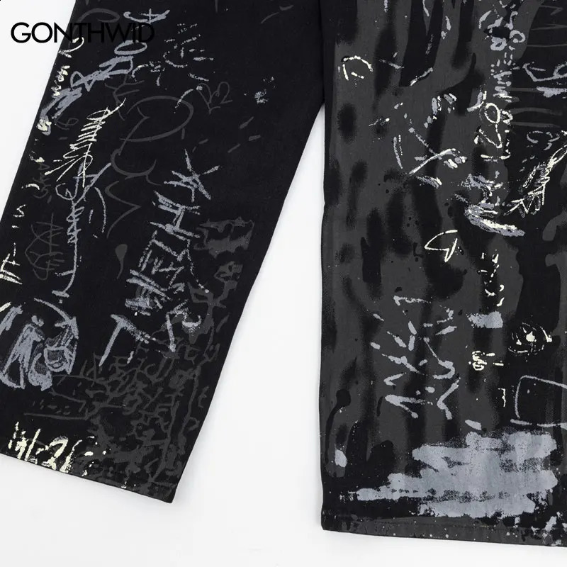 Hip Hop Black Jeans Y2K Men Graffiti Print Straight Wide Baggy Loose Denim Pants Streetwear Harajuku Fashion Punk Trousers 240821