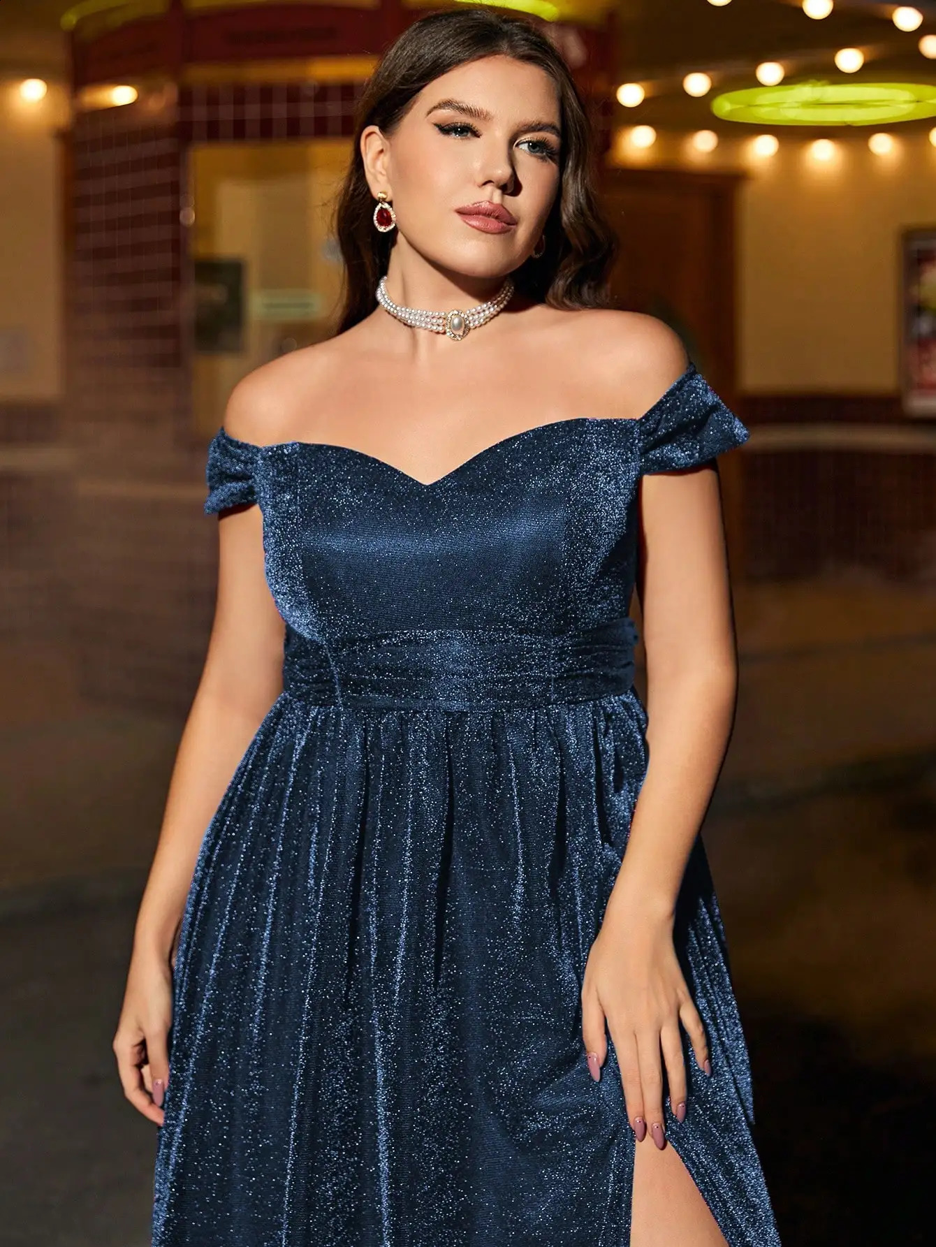 Mgiacy plus size short sleep line collar high seam gorgeous woven evening dress party bridesmaid 240820
