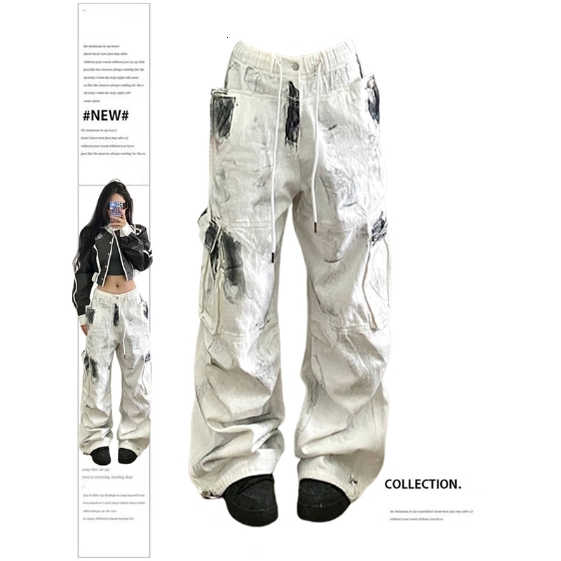 Womens White Cargo Jeans Y2k 90s Vintage High Waist Wide Leg Denim Trousers Harajuku Baggy Jean Pants 2000s Trashy Clothes Z260313