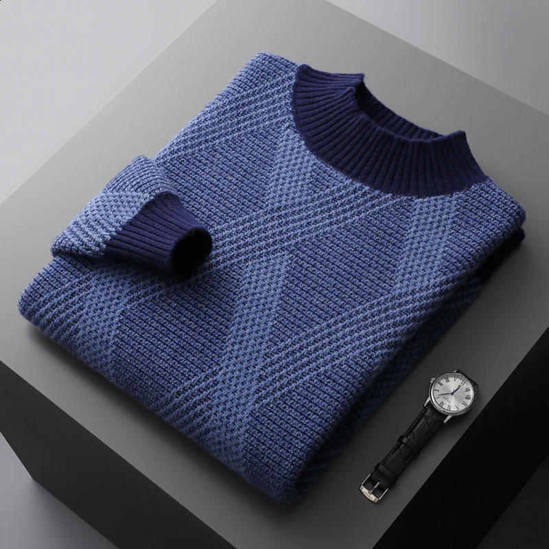 100% pure woolen sweater in autumn and winter mens semi-high collar seat thick sweater loose contrast cashmere knit bottomin 240821