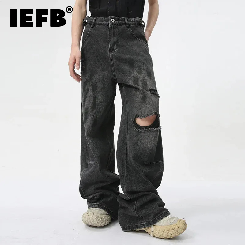 IEFB Summer Mens Denim Pants Streetwear Distressed Dirty Printed Straight Leg Jeans Trendy Male Hole n Trousers 9C5973 240821