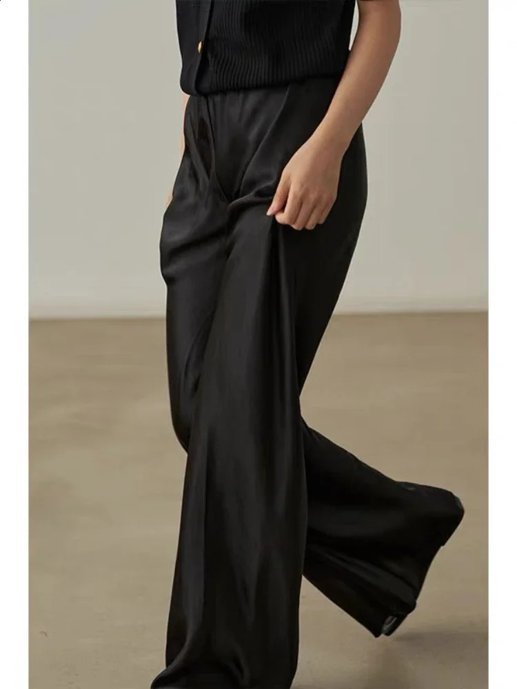 Deeptown Elegant Satin Pants Womens Summer Wide Leg Trousers Casual Baggy Korean Fashion Female Office Wear Black Pants 240821