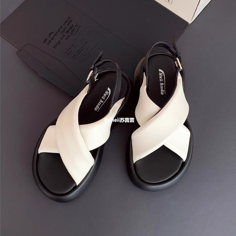 Ddmysports Suyin Same Cloud Summer Genuine Leather Cross Strap Casual Thick Sole Bubble Bread Sandals For Women S Summer New Style OUTDOOR