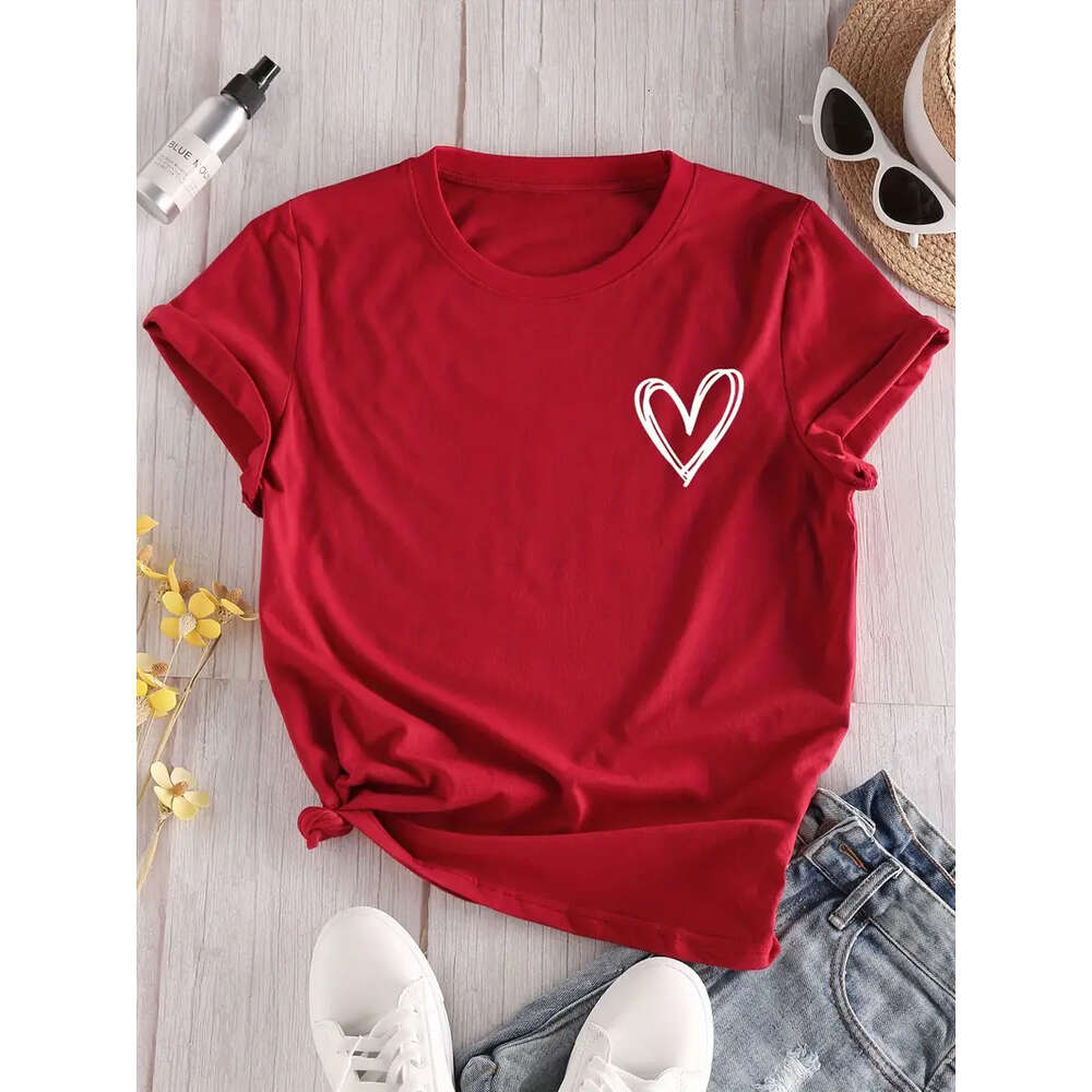 Print Heart Crew Neck Short Sleeve T-Shirt, Casual Tops, Women's Clothing