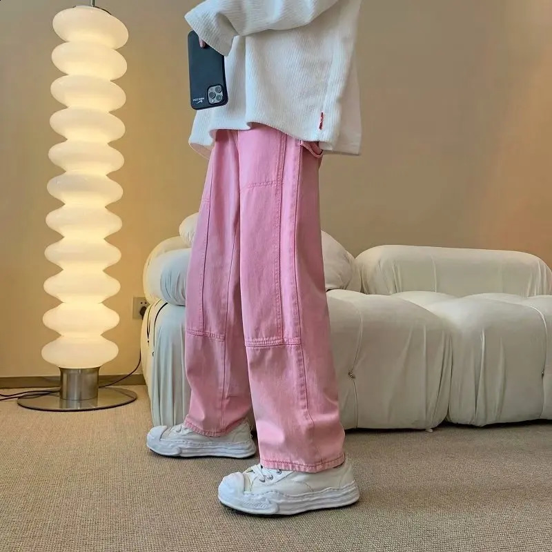 Fashion Pink Baggy Men Cargo Jeans Pants Elegant Straight Casual Women Solid Long Trousers Y2K Clothes Pantalon Homme 240821