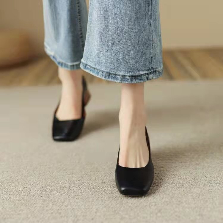 Ddmysports Autumn New Solid Color Shallow Mouth Square Ead Small Leather Women S Middle Eel Children Coarse Follow Shoes Grandma OUTDOOR