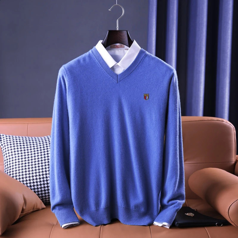 Soft Warm Pullover Cashmere Sweater Mens V Neck Thickened Classic Tops Autumn Winter Casual Solid Color Knitted Pullover 240821