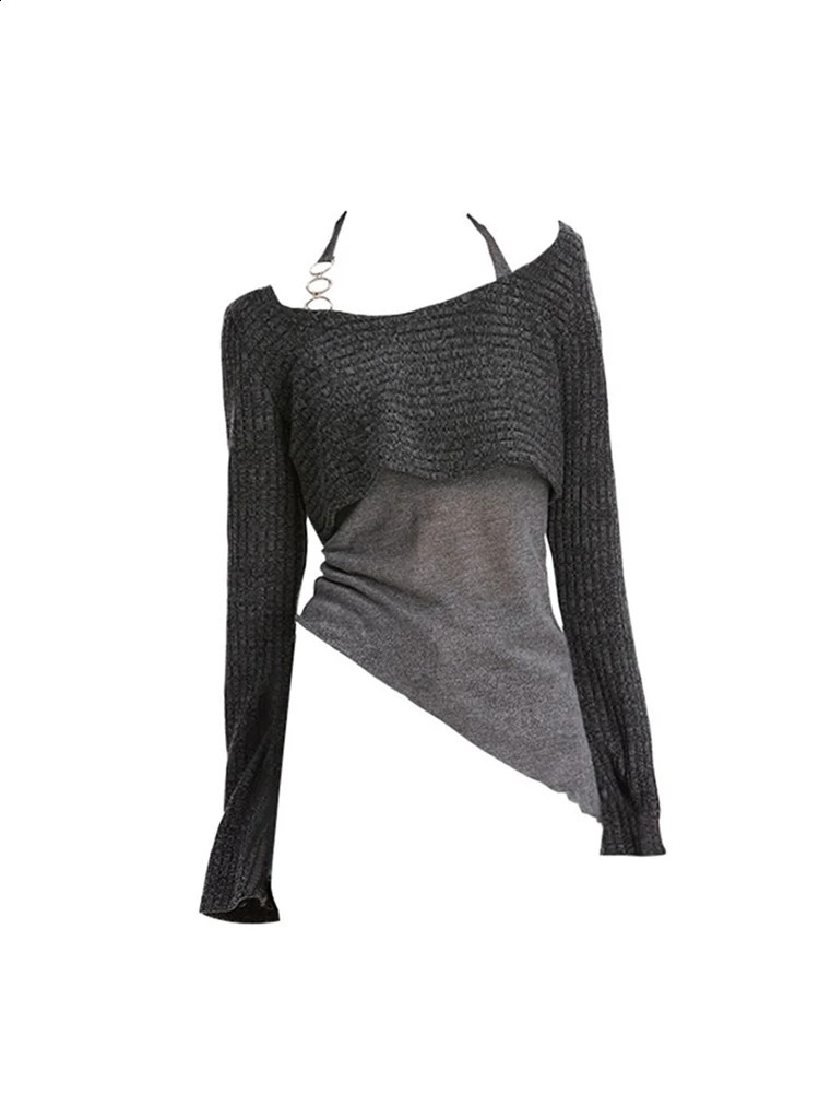 Womens Grey Pullover Knitted Sweater Vintage Harajuku 2000s Fashion Elegant Casual Long Sleeve Sweater Top 90s Clothes Autumn 240820